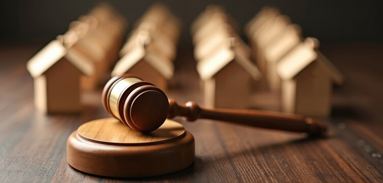 Wooden gavel rests on table with row of house models. Property auction, real estate law, mortgage crisis. Evokes legal, financial, justice themes involving homes. Illustrates foreclosure sales.