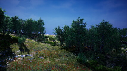 A picturesque scene features a green meadow adorned with wildflowers, surrounded by dense trees. The sunlight creates a serene atmosphere on this beautiful day in nature.