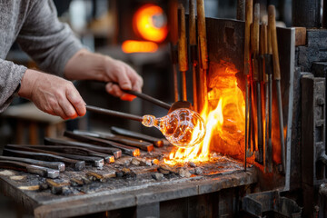 Skilled artisan shapes glass in a workshop with intense heat and glowing furnace