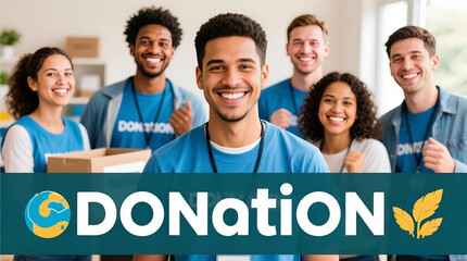 Volunteers smiling together at a donation center, promoting community service and support