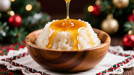 Traditional kutya drizzled with honey served in a wooden bowl for Christmas celebration
