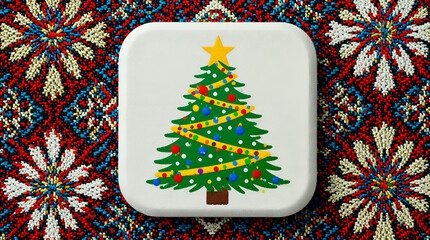 Festive Christmas tree illustration on a decorative patterned background
