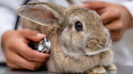 Veterinarian examining a rabbit during a routine health check in a clinic setting