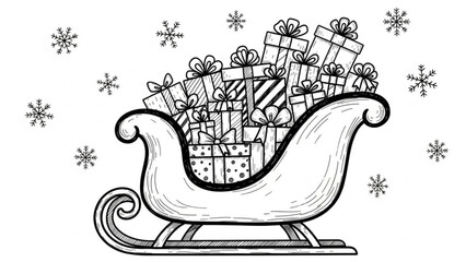 Festive hand-drawn sleigh overflowing with Christmas gifts and falling snowflakes, perfect for holiday greetings and seasonal designs, originally a scalable vector