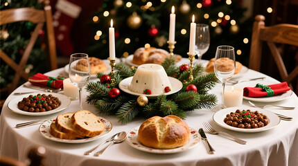 Christian Christmas meal with kutya on a festive table decorated for celebration