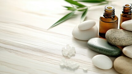 Relaxing spa layout featuring essential oil bottles, smooth stones, and green leaves for wellness and zen.