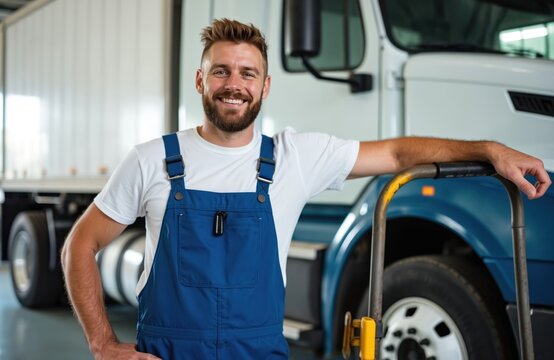 Smiling truck serviceman in blue overalls stands with hand on large vehicle in repair shop. He holds tools and gestures thumb up, showing pride in his work. Truck mechanic smiles in garage.
