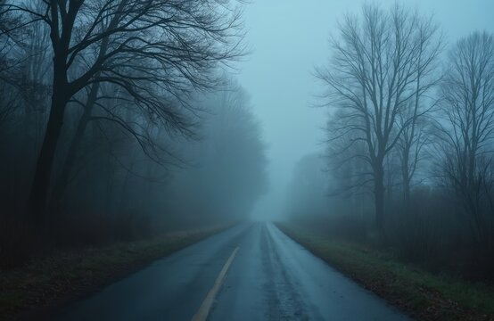 Gloomy scene features road in dense fog through dark forest. Bare trees line path disappearing into mist. Eerie atmosphere evokes mystery and isolation. Asphalt reflects light.