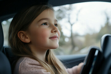 Closeup of person navigating travel route on digital tablet during family road trip in car with map app, generative ai