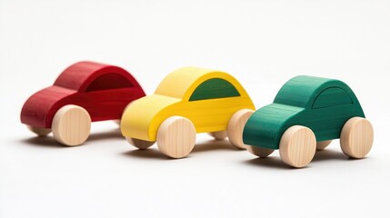 Wooden toy cars in various colors placed on a clean light surface