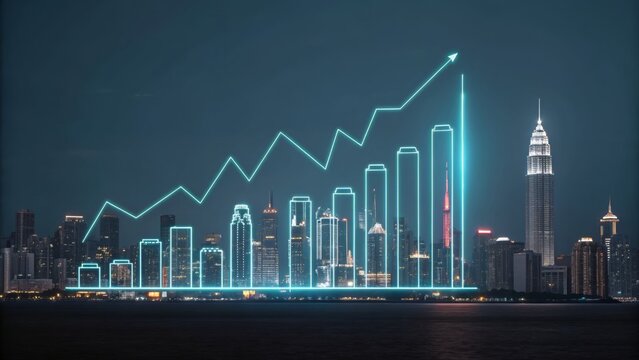 A digital growth chart overlaying a cityscape at night, showing progress - Powered by Adobe