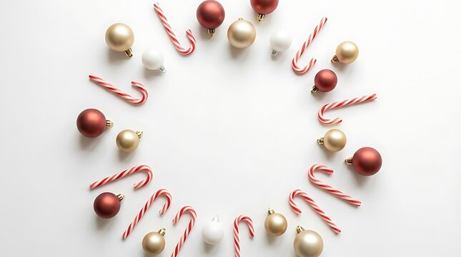 Festive christmas flatlay with ornaments and candy canes holiday background top view composition white isolated space