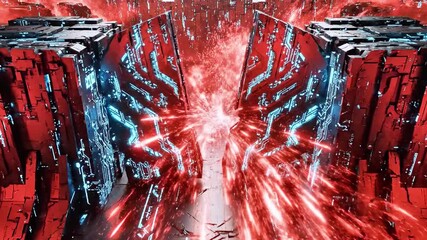 A futuristic, abstract cityscape with glowing circuits and a central energy source - Powered by Adobe