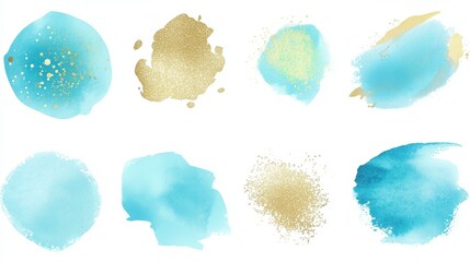 Set of artistic aquamarine and gold watercolor circles and paint textures suitable for backgrounds and graphic design.