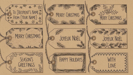 Charming handcrafted holiday gift tags for Christmas and winter celebrations, featuring festive greetings and personalized messages, originally vector art