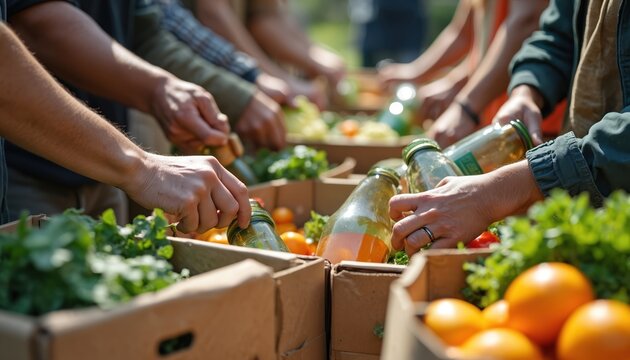 Group of people sort fresh food items, glass jars into cardboard boxes. Community members volunteer, preparing produce for distribution. Volunteers work together outdoors in sunlight with green - Powered by Adobe