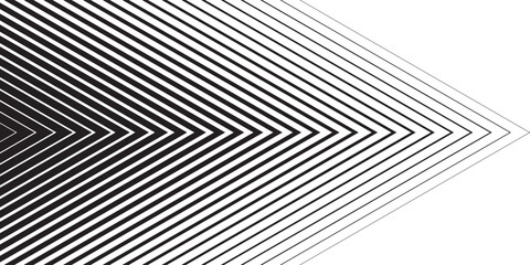 Abstract geometric background with black and white lines. Halftone corner element with optical illusion effect creating a dynamic arrow shape. Vector illustration.