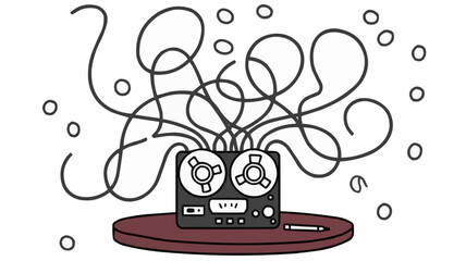 Vintage analog tape recorder with tangled neural loops coming out
