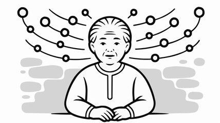 Elderly Asian woman with albinism quietly observing abstract neural patterns