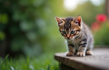 Fototapeta premium Tiny tabby kitten with bright green eyes stands on wooden plank. Cute domestic cat explores vibrant green garden environment. Young furry animal looks down curious, ready to play outdoors on warm