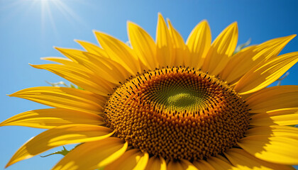 Naklejka premium Bright sunflower blossoms in clear blue sky during sunny day capturing nature's beauty and warmth