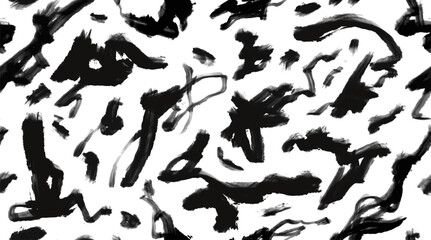 Seamless abstract pattern with chaotic hand-drawn brush strokes and ink splatters. Modern black and white vector background for fabric and print design.