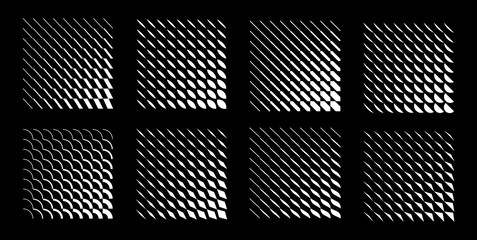 Set of abstract geometric shapes with halftone transition effect. Vector collection of modern op-art patterns and backgrounds with optical illusion.