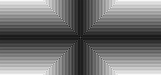 Symmetrical op-art background with black and white lines. Vector illustration with a geometric cross pattern and gradient effect.