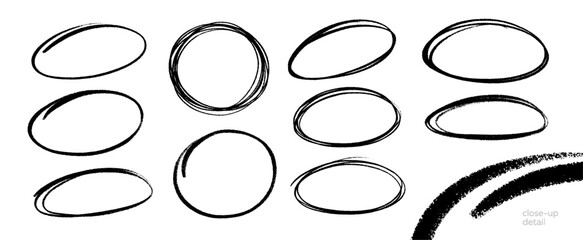 Set of hand-drawn scribble circles and ovals. Vector collection of grunge frames with a rough pencil or charcoal texture. Isolated design elements for highlighting.