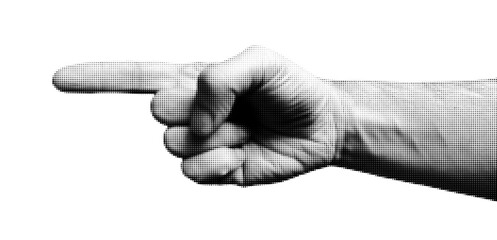 Pointing finger hand gesture with halftone effect. Vector retro dot screen illustration of a vintage signpost symbol isolated on a white background.