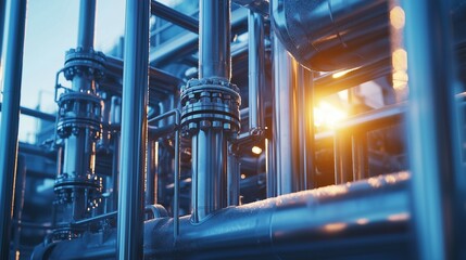 Industrial pipes and machinery in a factory setting during evening hours showcasing technology and engineering
