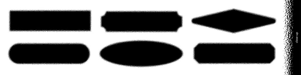 Set of black geometric shapes with a frosted glass or diffusion effect. Vector banners and frames with grainy texture for modern design, labels, and stickers.