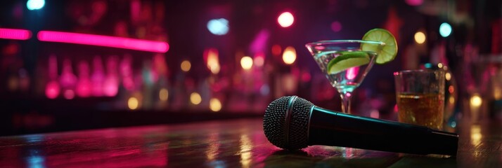 A microphone resting on a bar counter beside cocktails with lime, illuminated by vibrant neon lights in a lively karaoke bar atmosphere.