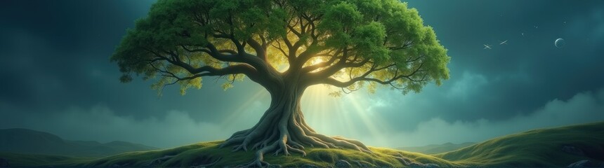 Fototapeta premium Tree with a sky background and a sunbeam genealogy tree illustration