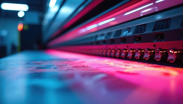 Modern printing machine works in offset typography office. Large format printer prints colorful poster on paper sheet. Inkjet plotter used for commercial printing in manufacturing factory printshop.