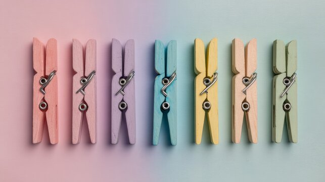 Colored clothespins arranged on pastel background. Creative minimal composition.