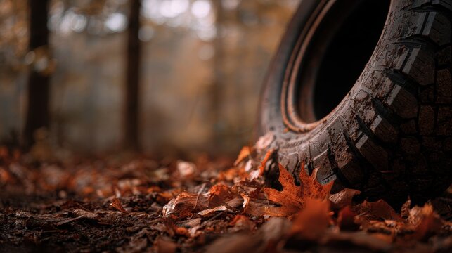 Closeup of off road vehicle tire on muddy forest trail with autumn leaves and natural woodland background