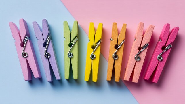 Colored clothespins arranged on pastel background. Creative minimal composition.