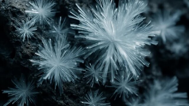 recycling carbon process solutions concept. Intricate frost patterns against a dark background, showcasing delicate nature.