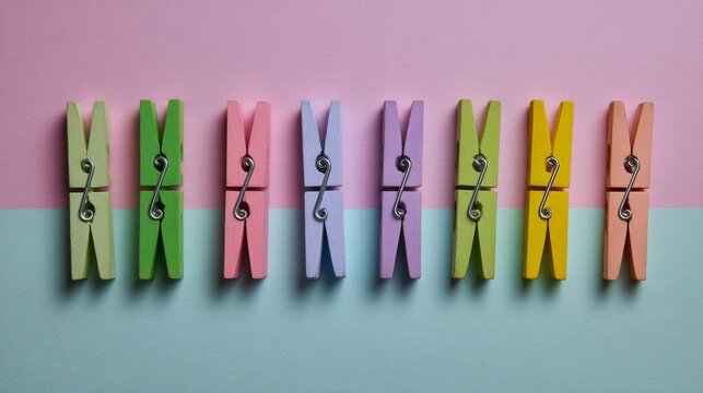 Colored clothespins arranged on pastel background. Creative minimal composition.