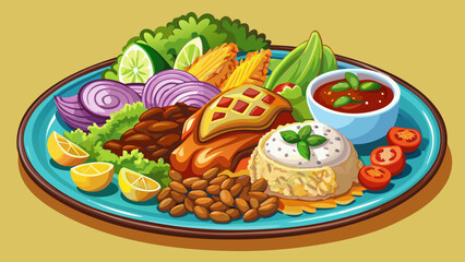 Very beautiful semi-realistic vector illustration of a Casado dish, featuring grilled chicken served with rice, beans, salad, fried plantains, and a colorful assortment of accompaniments, presented on