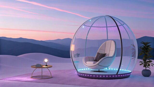 A cozy transparent bubble chair with a view of the snowy mountains
