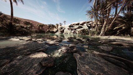 A tranquil oasis emerges in a sunlit landscape, featuring clear water reflecting palm trees and rocky formations. The calm atmosphere invites relaxation and exploration.