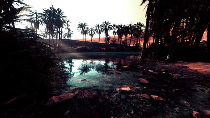 A serene oasis reflects the colors of a vibrant sunset. Palm trees stand tall along the waters edge, creating a peaceful atmosphere in a remote desert location during twilight.