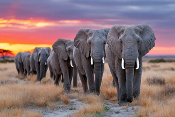 Fototapeta premium Elephants walking in line at sunset