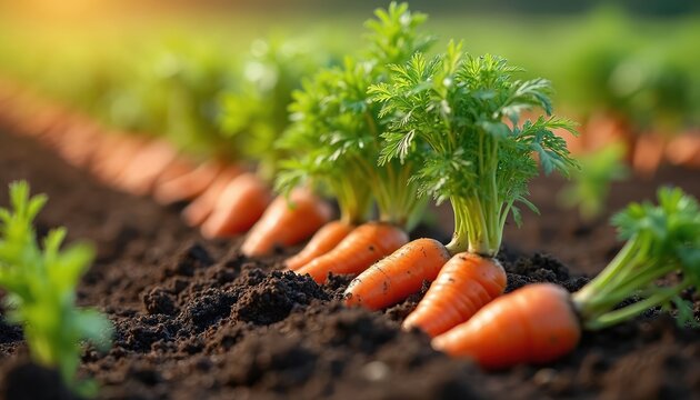 Rows of fresh carrots grow in dark soil under sunlight. Green leafy tops sprout from orange roots in farm field. Healthy vegetables cultivation, organic produce ready for harvest. - Powered by Adobe