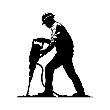 Black silhouette of a worker with a pneumatic hammer in a helmet without background.