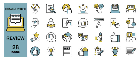 Review Icon Set – Feedback, Rating, Customer Satisfaction and Comment. Editable Stroke, Colored Vector Illustration
