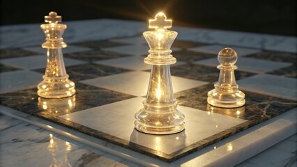 Three crystal chess pieces are illuminated on a marble chessboard surface