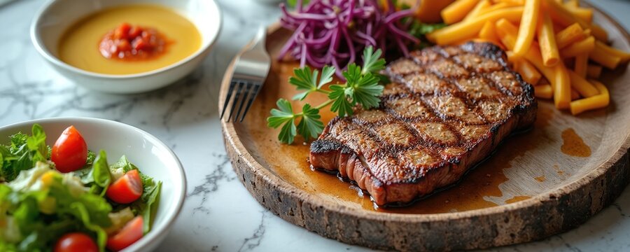 Juicy grilled beef steak on rustic wooden plate with crispy golden french fries. Side dishes include fresh green salad, cherry tomatoes, red cabbage. Creamy yellow soup finishes hearty full meal on - Powered by Adobe